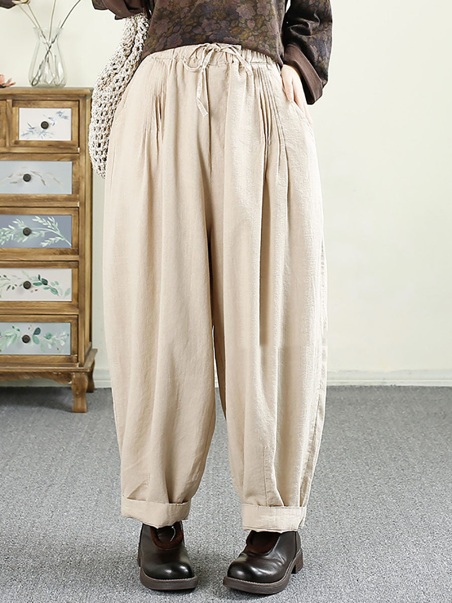 Women Autumn Vintage Solid Shirred Linen Harem Pants AV1014