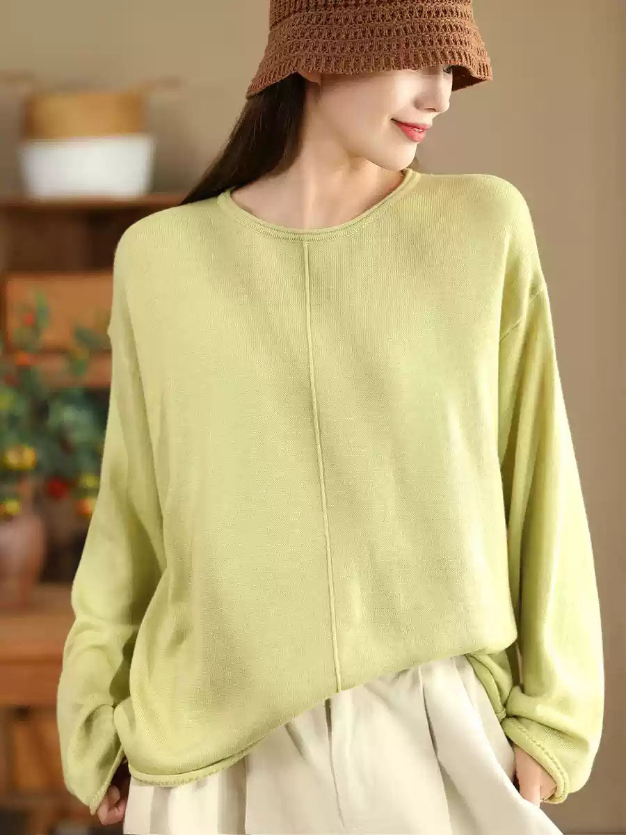 Women Solid Casual O-Neck Knit Loose Silk Blouse AV1036