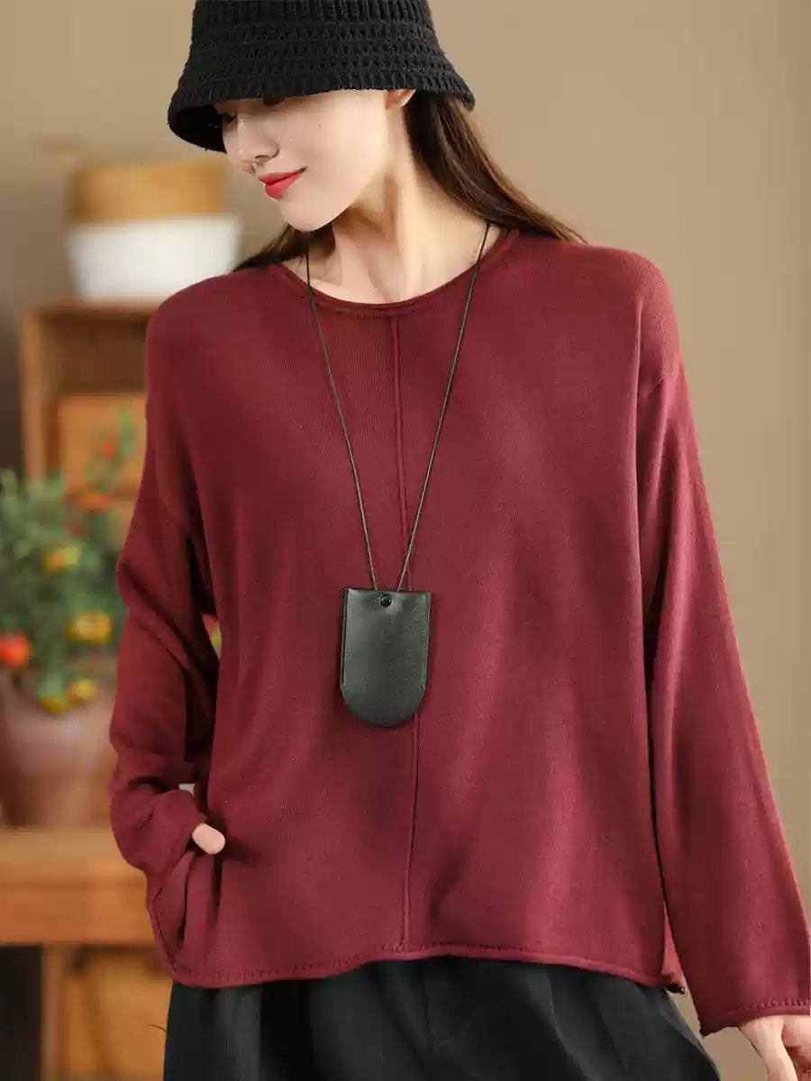 Women Solid Casual O-Neck Knit Loose Silk Blouse AV1036