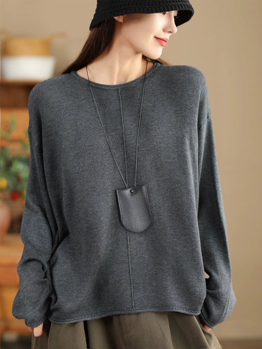 Women Solid Casual O-Neck Knit Loose Silk Blouse AV1036