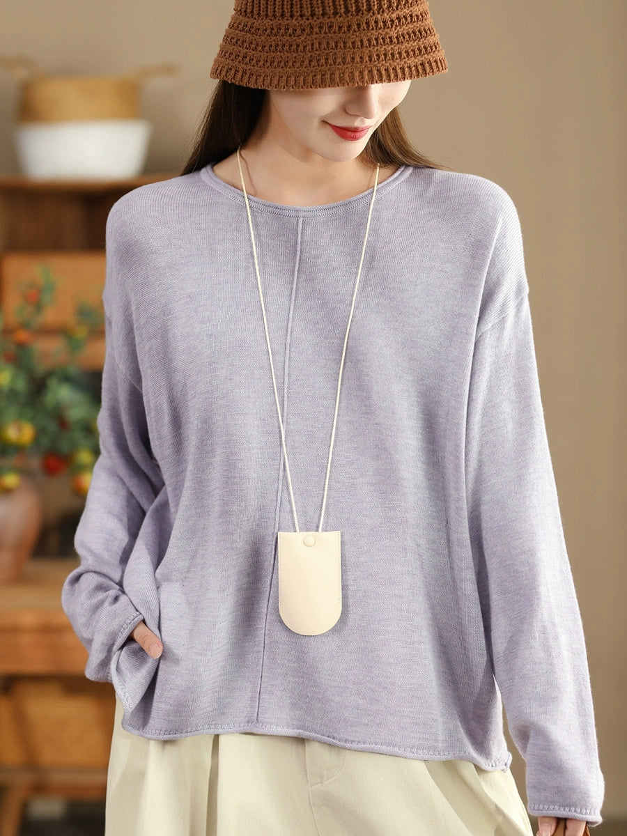 Women Solid Casual O-Neck Knit Loose Silk Blouse AV1036