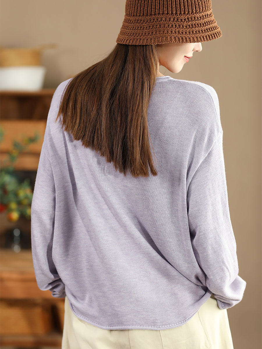 Women Solid Casual O-Neck Knit Loose Silk Blouse AV1036