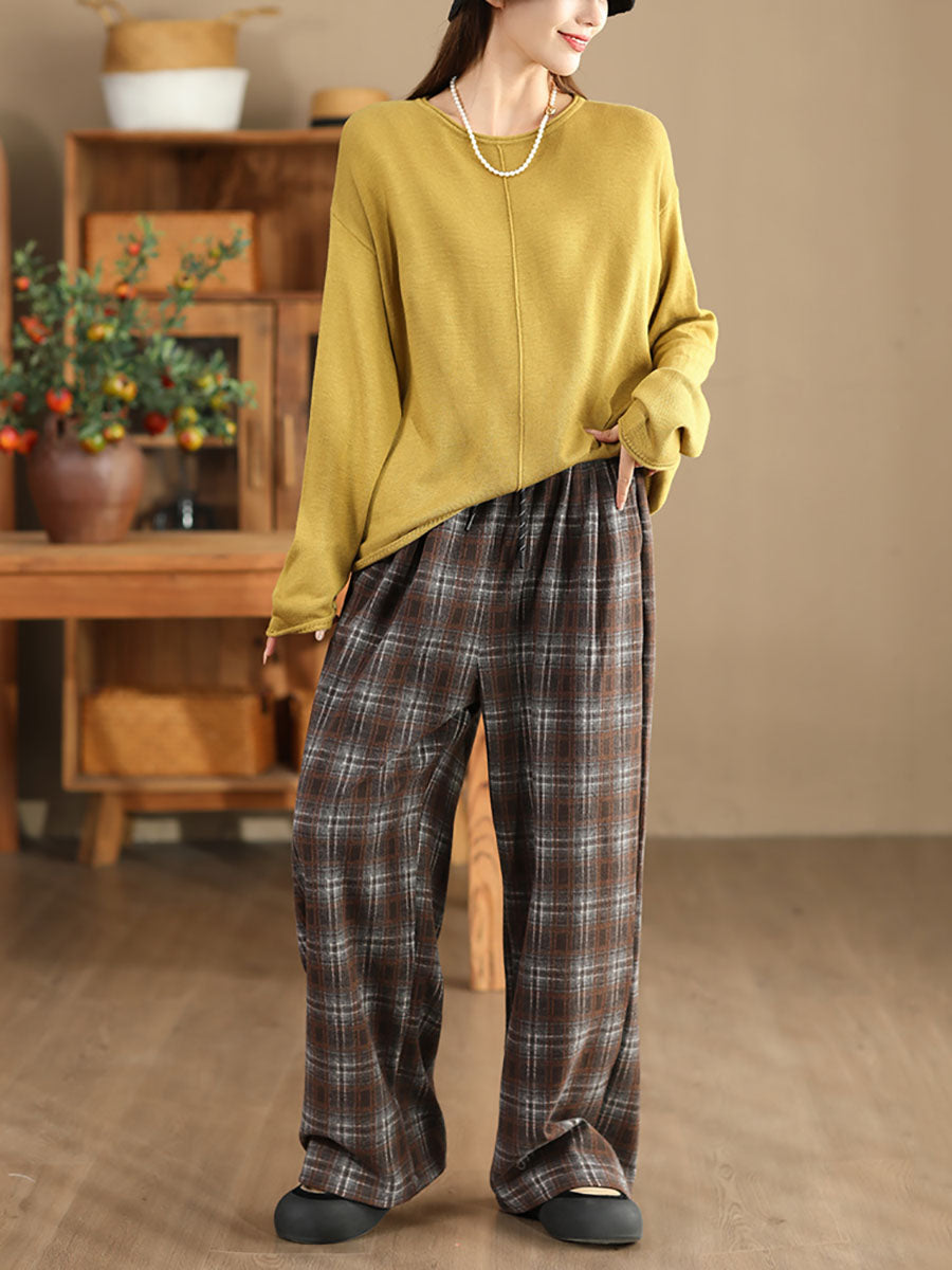 Women Solid Casual O-Neck Knit Loose Silk Blouse AV1036