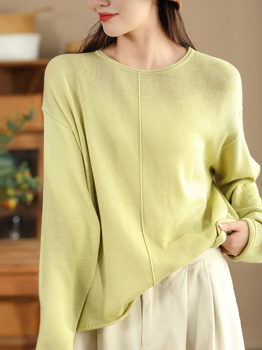 Women Solid Casual O-Neck Knit Loose Silk Blouse AV1036