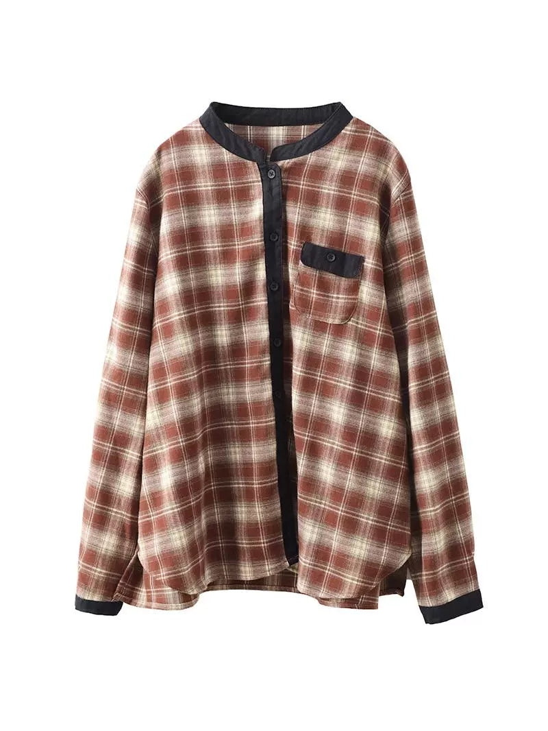 Women Ethnic Autumn Plaid Cotton Colorblock Shirt Coat AV1034