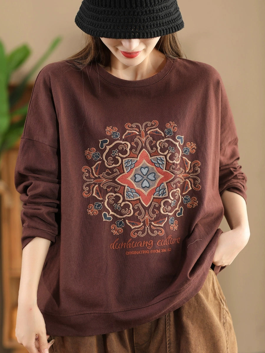 Women Autumn Flower Embroidery O-Neck Cotton Sweatshirt  AV1026