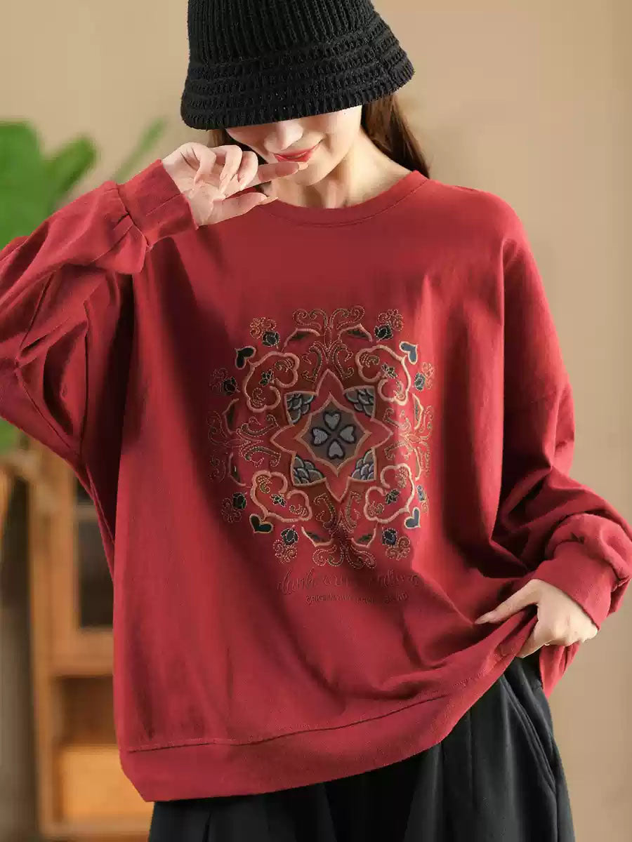 Women Autumn Flower Embroidery O-Neck Cotton Sweatshirt  AV1026