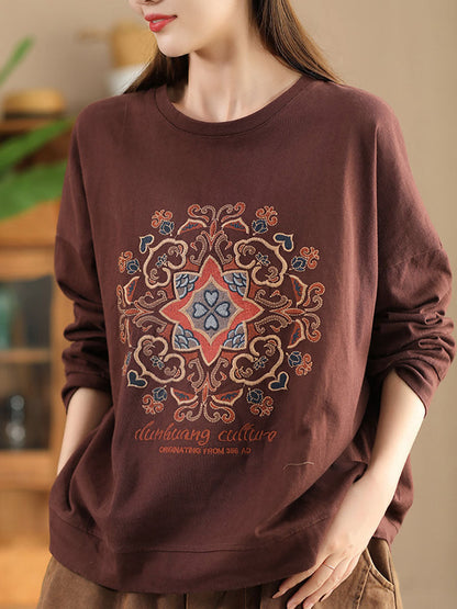 Women Autumn Flower Embroidery O-Neck Cotton Sweatshirt  AV1026