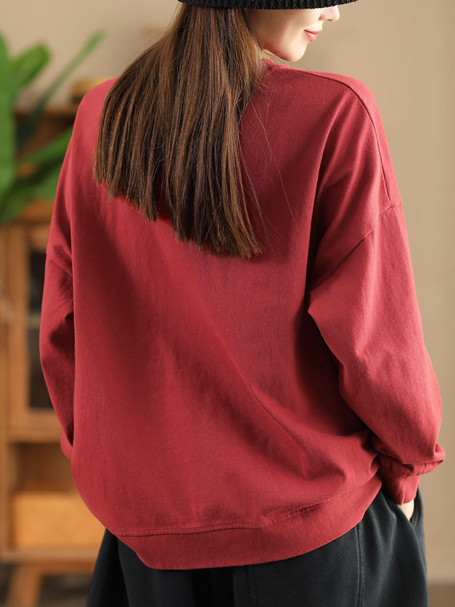 Women Autumn Flower Embroidery O-Neck Cotton Sweatshirt  AV1026