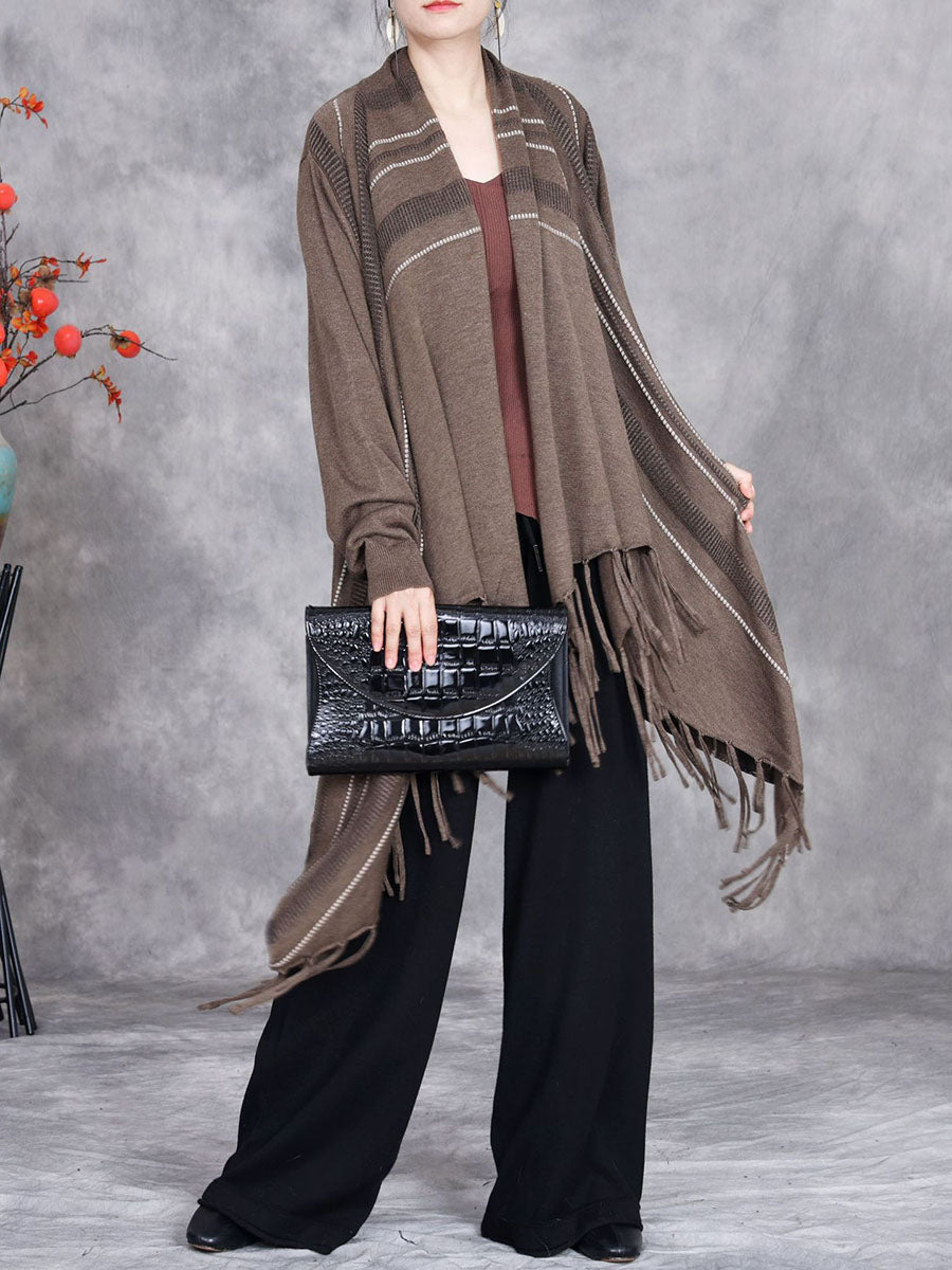 Women Autumn Artsy Stripe Knitted Tassel Cardigan Coat AV1049