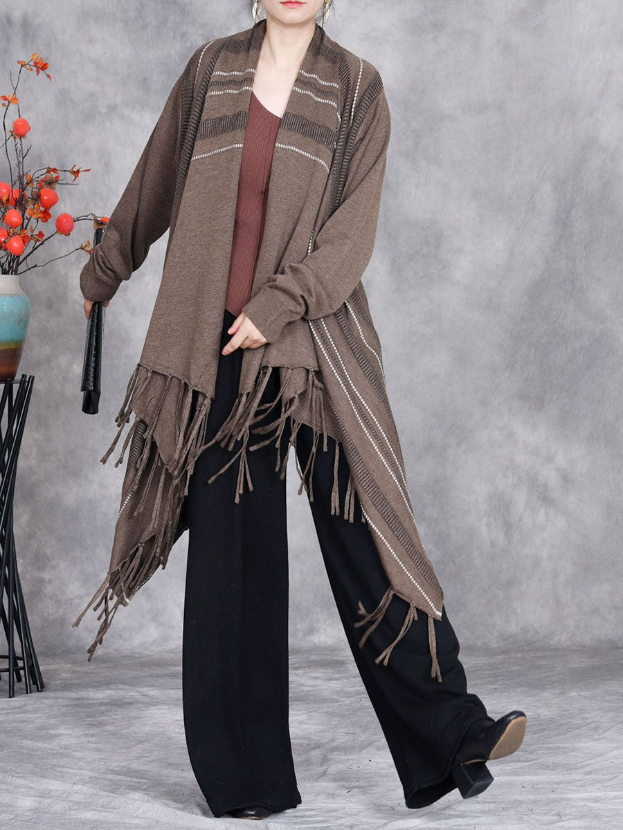 Women Autumn Artsy Stripe Knitted Tassel Cardigan Coat AV1049