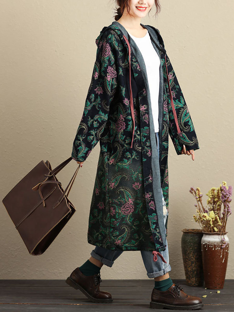 Women Autumn Vintage Flower Hooded Pocket Cotton Coat AV1056