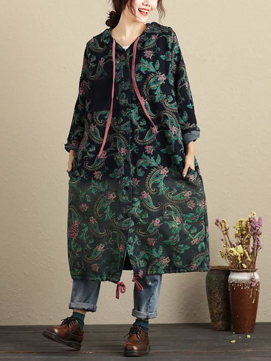 Women Autumn Vintage Flower Hooded Pocket Cotton Coat AV1056