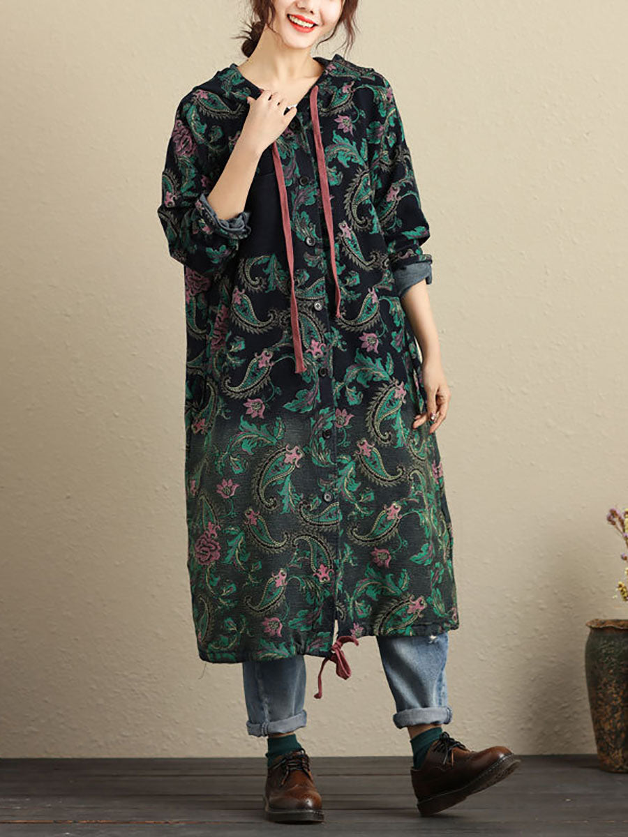 Women Autumn Vintage Flower Hooded Pocket Cotton Coat AV1056