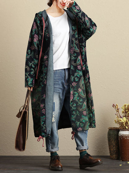 Women Autumn Vintage Flower Hooded Pocket Cotton Coat AV1056