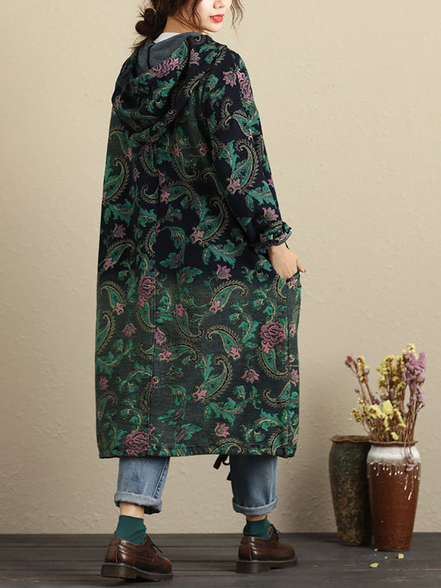 Women Autumn Vintage Flower Hooded Pocket Cotton Coat AV1056