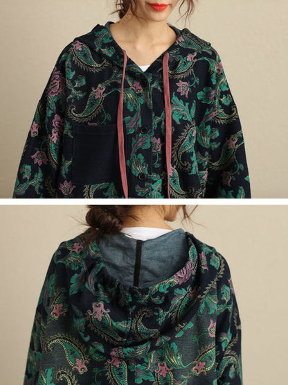 Women Autumn Vintage Flower Hooded Pocket Cotton Coat AV1056