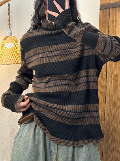 Women Casual Autumn Stripe Knit Turtleneck Sweater AV1058