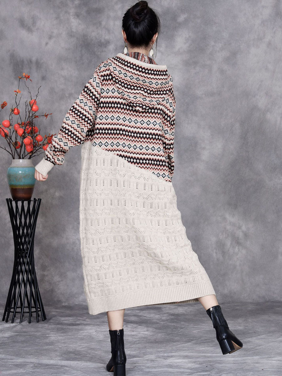 Women Autumn Artsy Spliced Knitted Hooded Dress BA1003