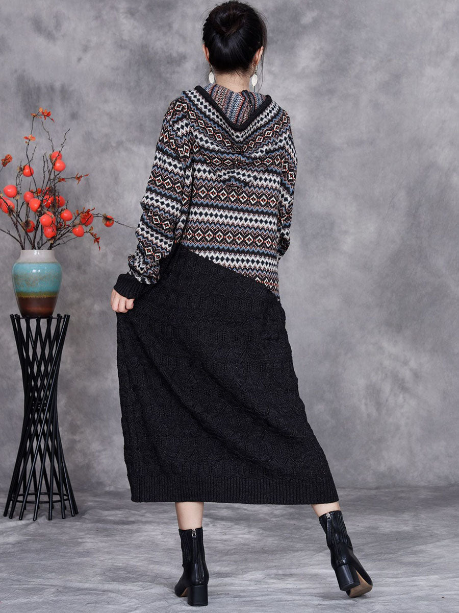 Women Autumn Artsy Spliced Knitted Hooded Dress BA1003