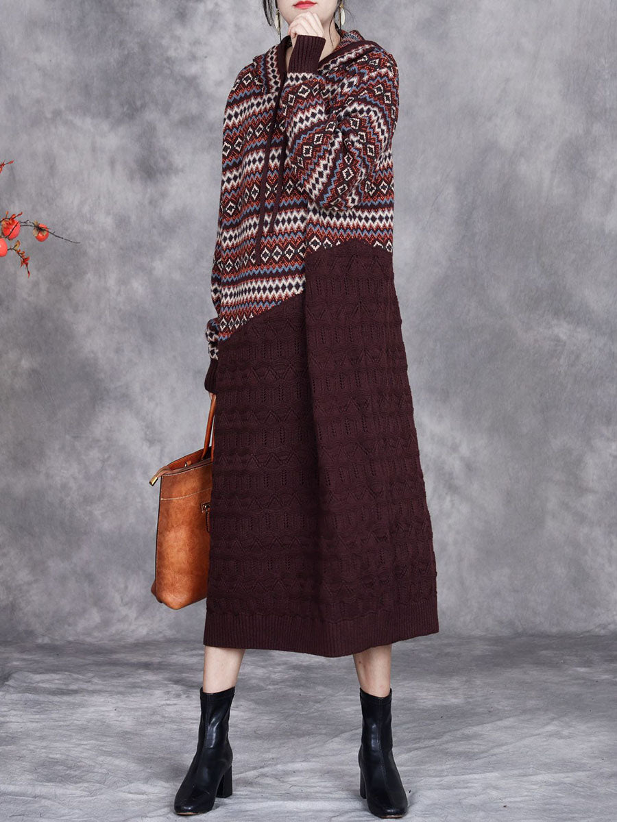 Women Autumn Artsy Spliced Knitted Hooded Dress BA1003