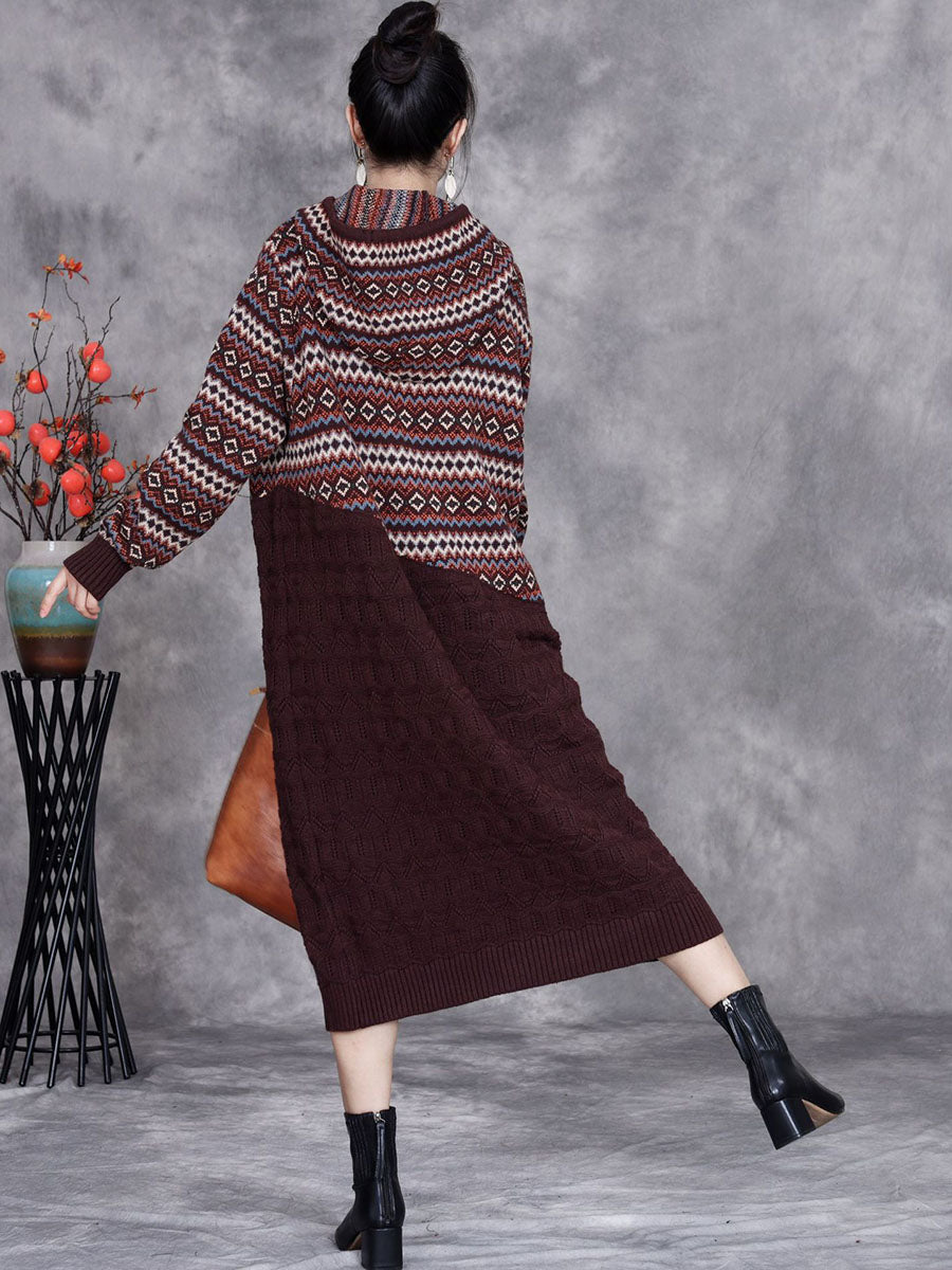 Women Autumn Artsy Spliced Knitted Hooded Dress BA1003