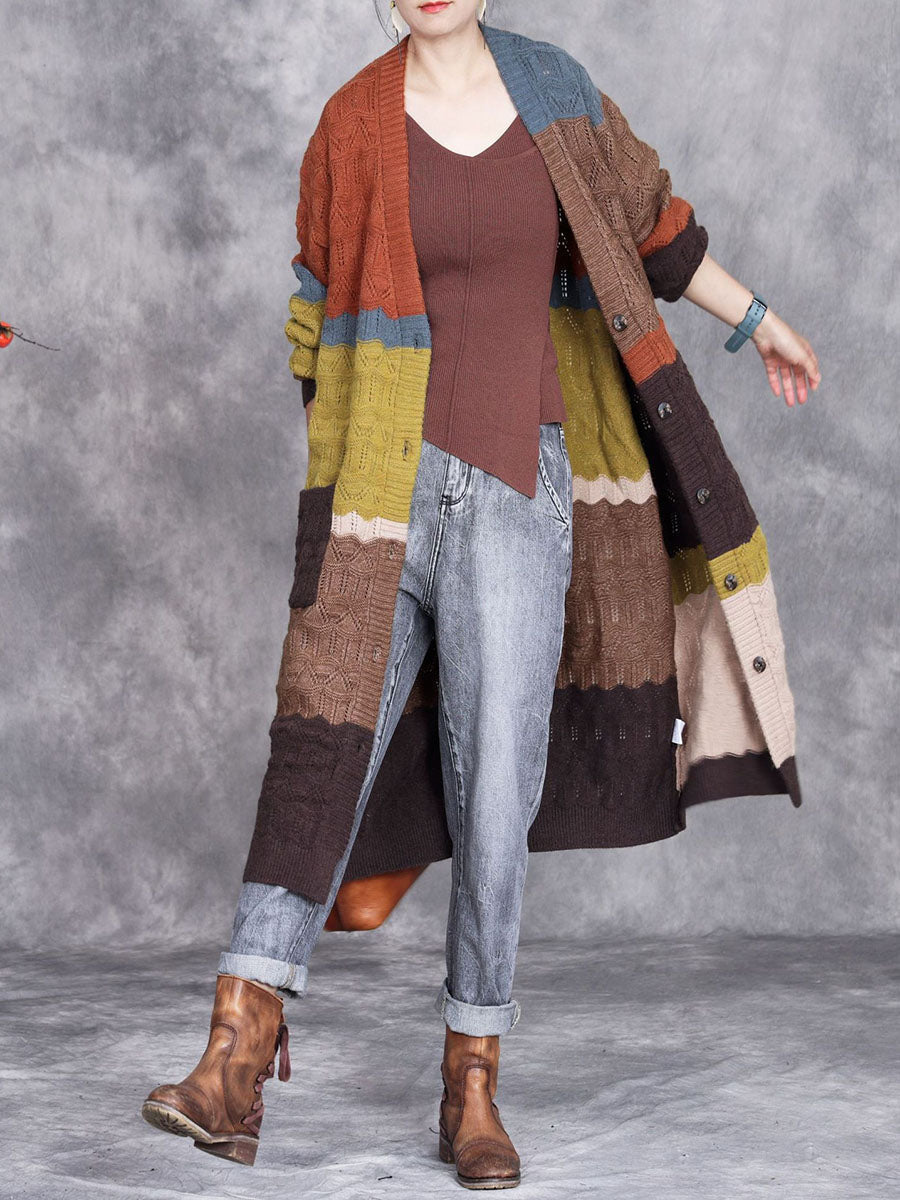 Women Autumn Artsy Colorblock Knitted V-Neck Cardigan Coat BA1001