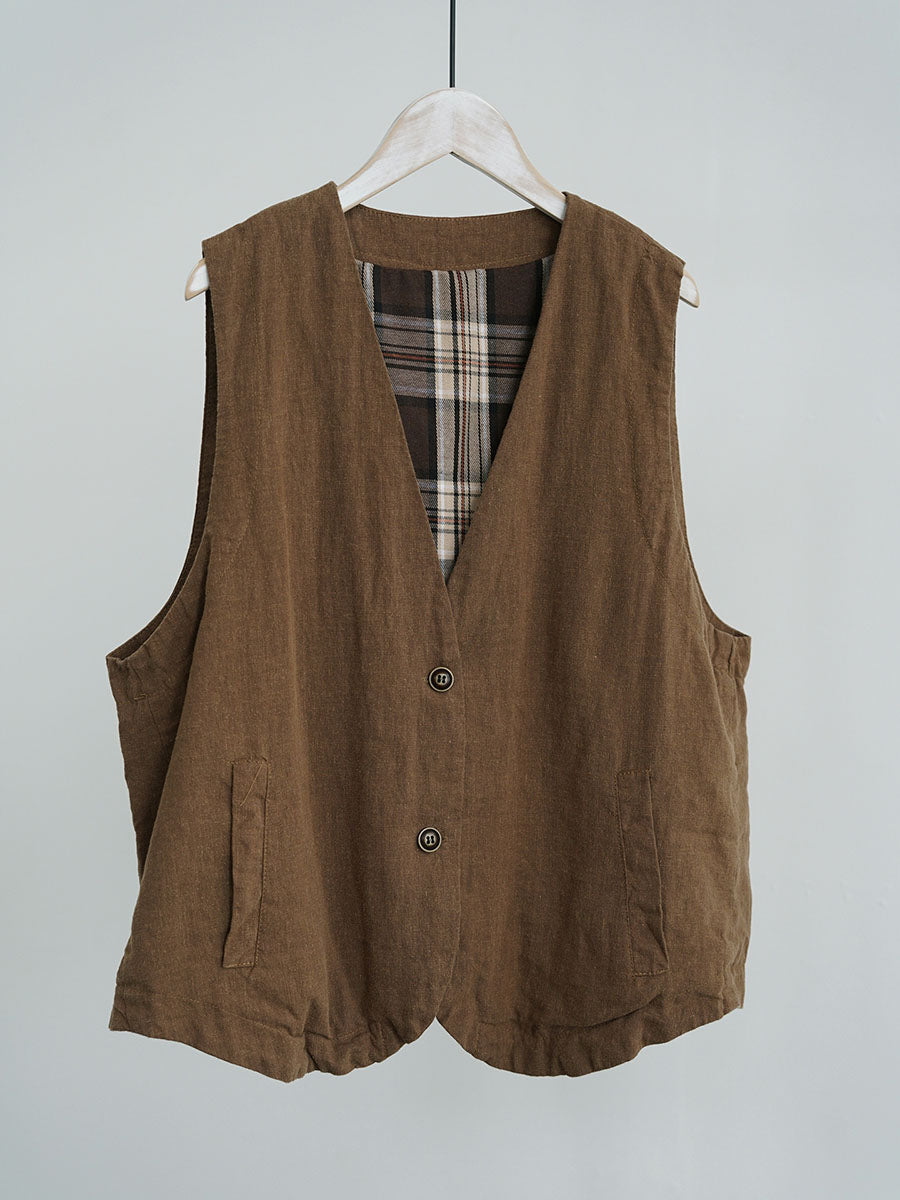 Women Ethnic Cotton Linen Solid V-Neck Vest BA1018