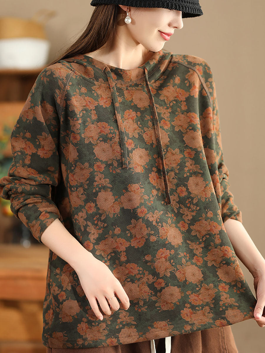 Women Autumn Vintage Flower Hooded Cotton Sweatshirt BA1012