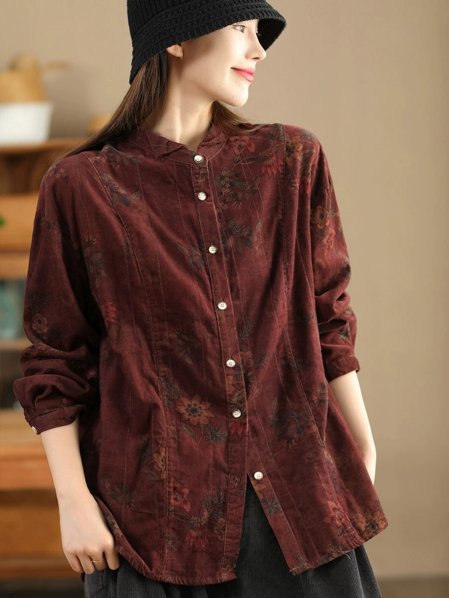 Women Retro Autumn Flower Turn-down Collar Corduroy Shirt BA1019