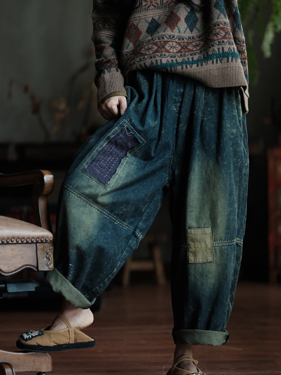 Women Autumn Retro Patch Spliced Denim Wide-leg Pants BA1035