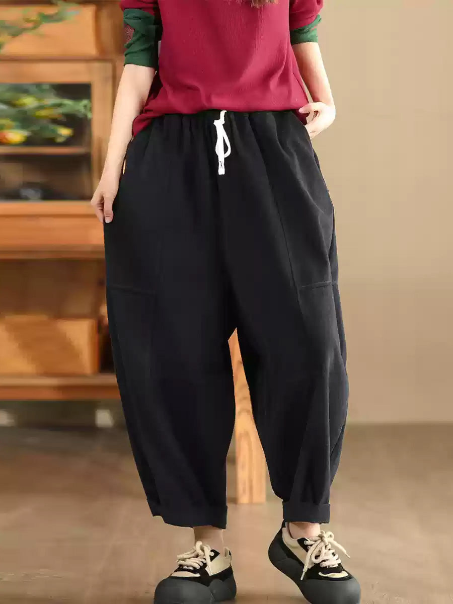 Women Autumn Retro Cotton Spliced Loose Solid Harem Pants BA1034