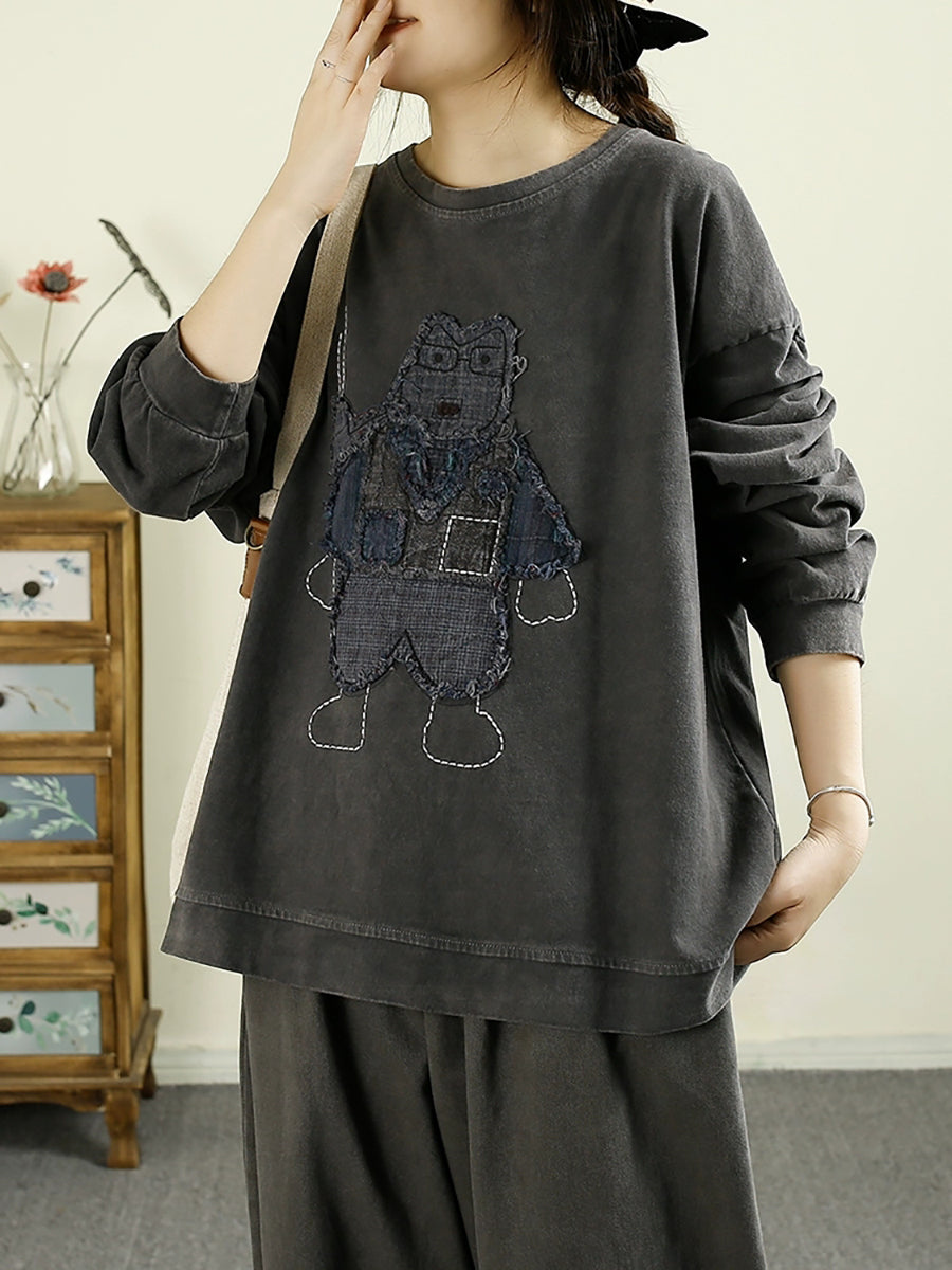 Women Autumn Vintage Cartoon Patch O-Neck Cotton Sweatshirt BA1039