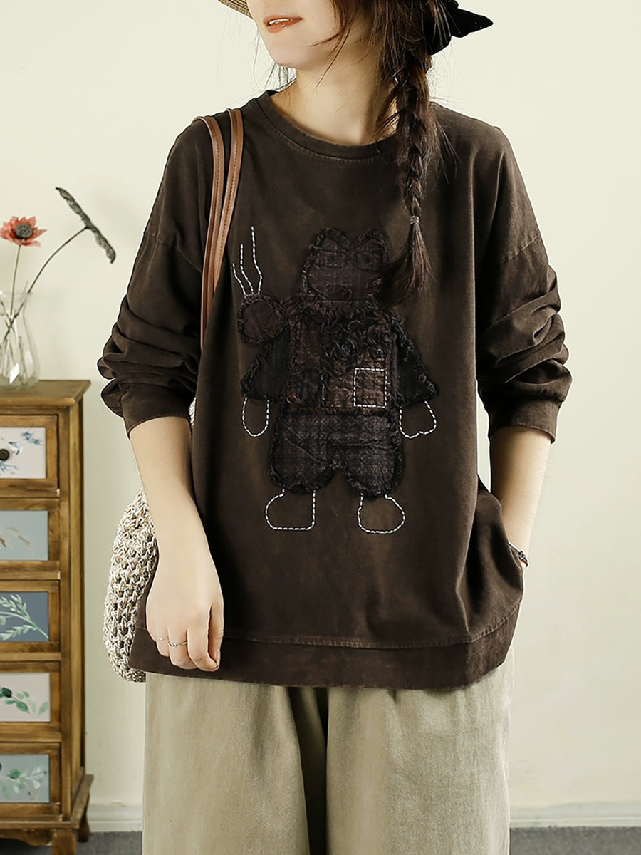 Women Autumn Vintage Cartoon Patch O-Neck Cotton Sweatshirt BA1039