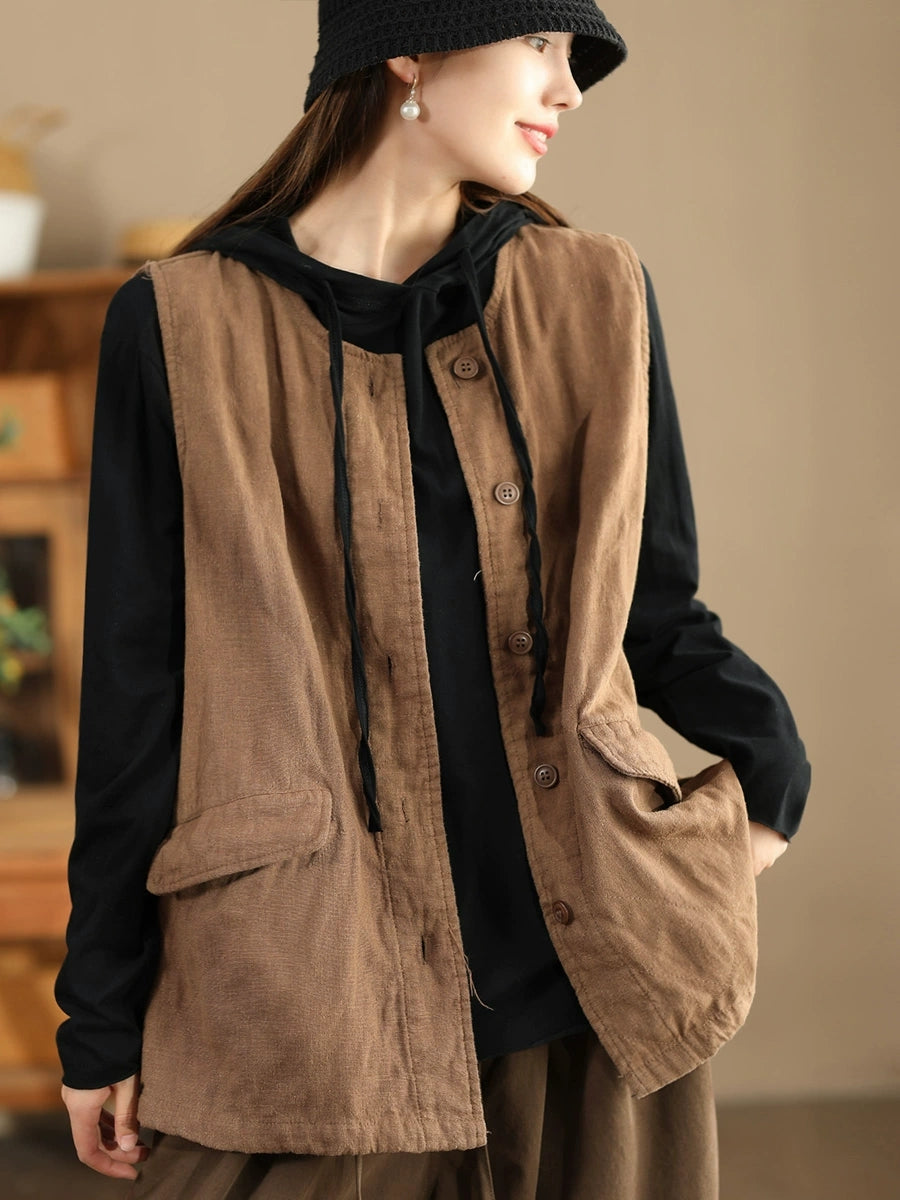 Women Retro Solid O-Neck Cotton Vest Coat BA1049