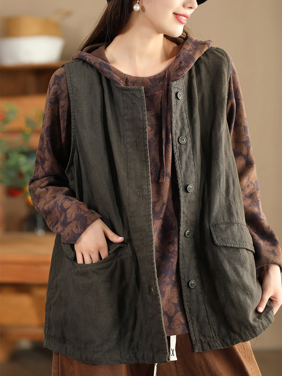 Women Retro Solid O-Neck Cotton Vest Coat BA1049