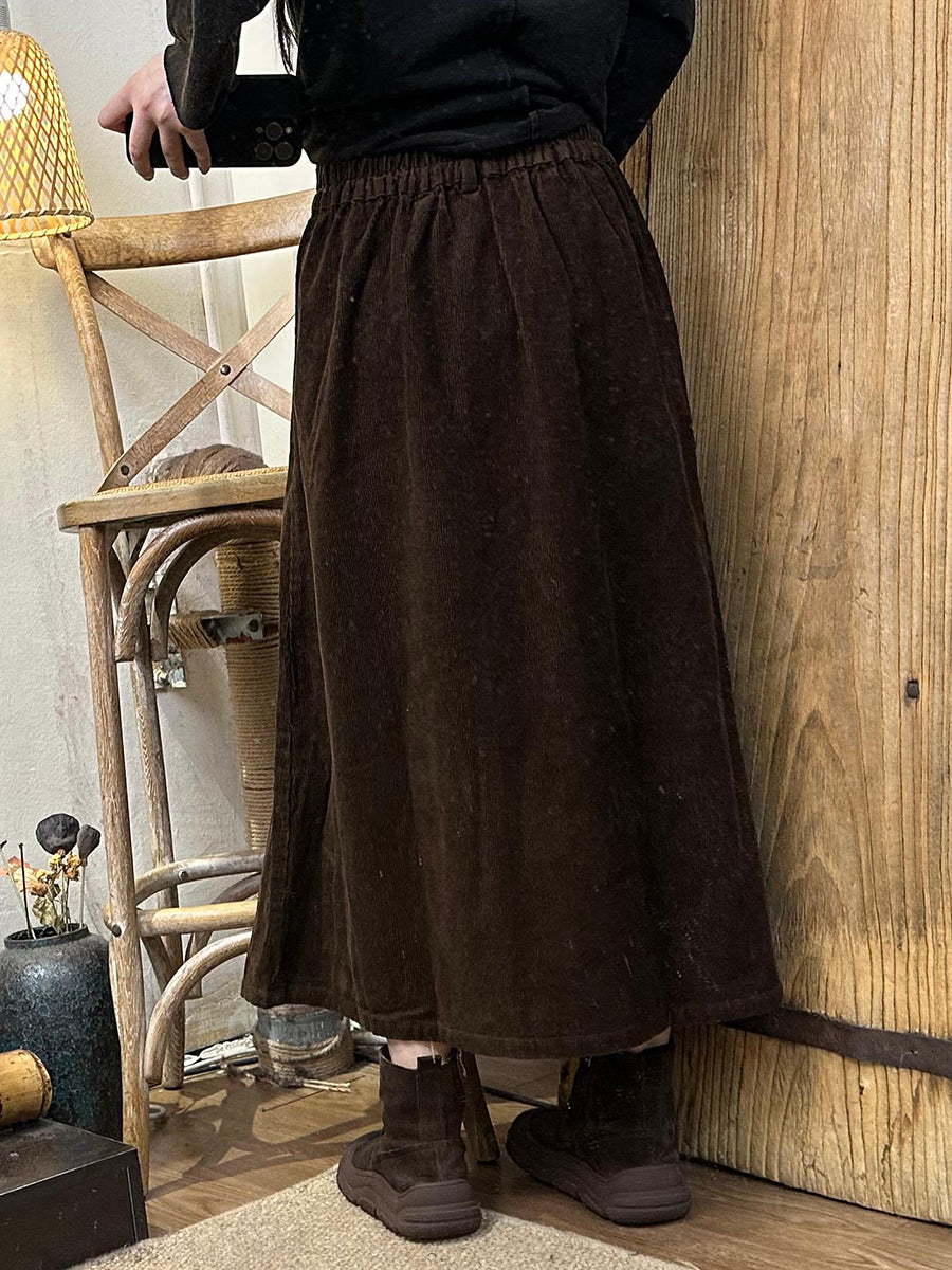 Women Autumn Vintage Solid A-Shape Corduroy Skirt BA1041