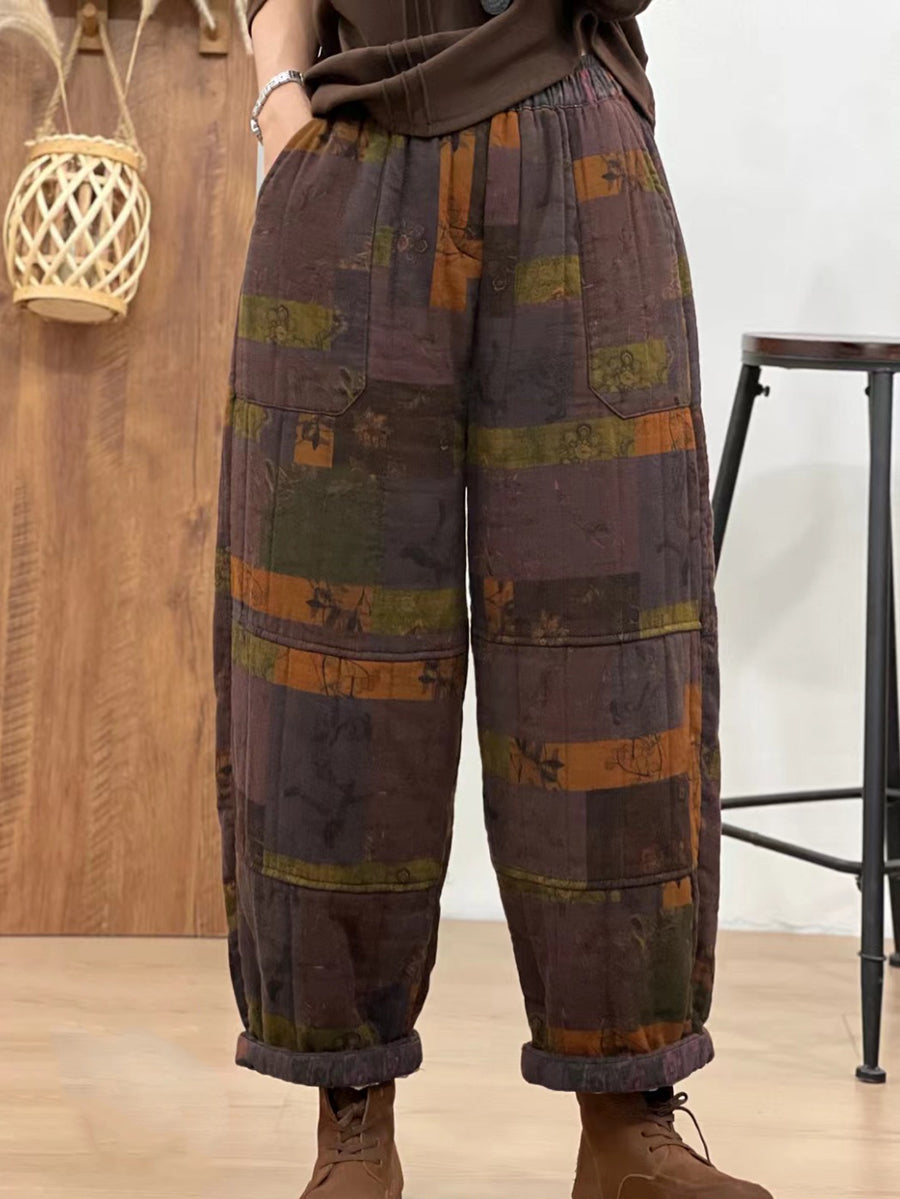 Women Autumn Retro Cotton Plaid Patch Straight Pants BA1061