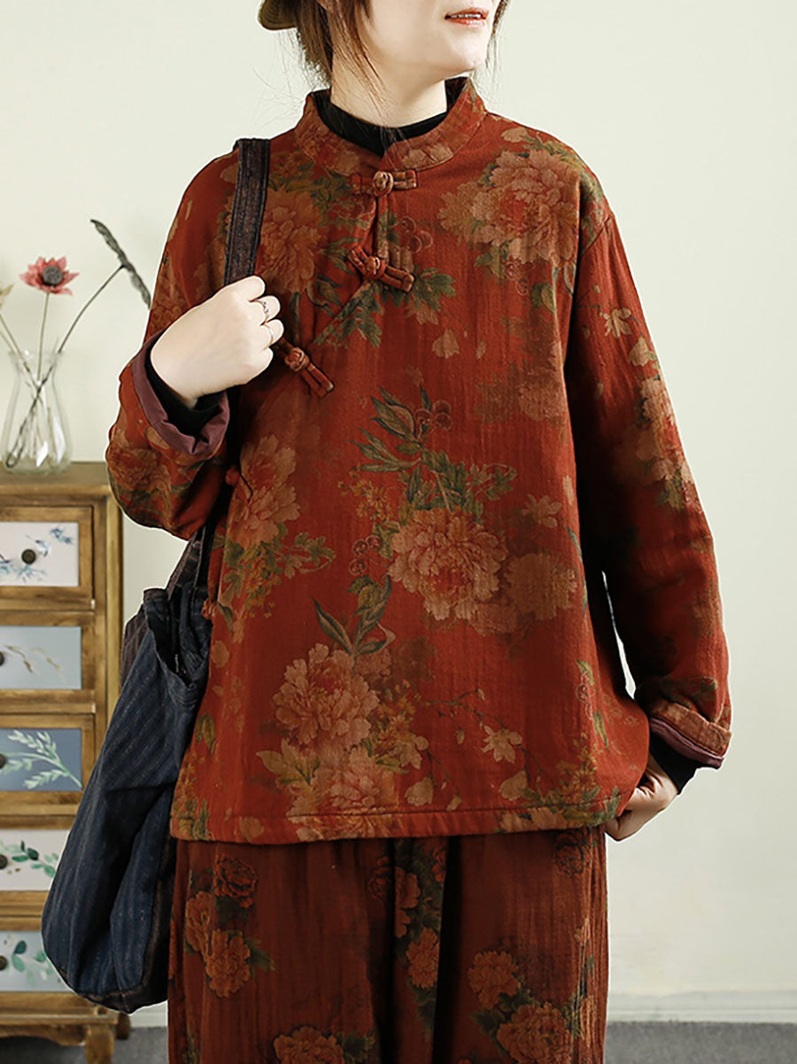 Women Ethnic Autumn Flower Buckle Cotton Stand Collar Coat BA1070