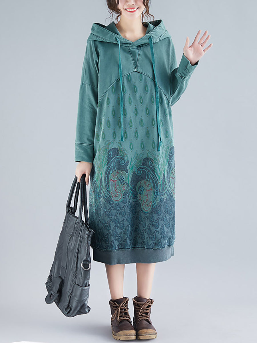 Women Ethnic Autumn Print Hooded Cotton Dress QU023