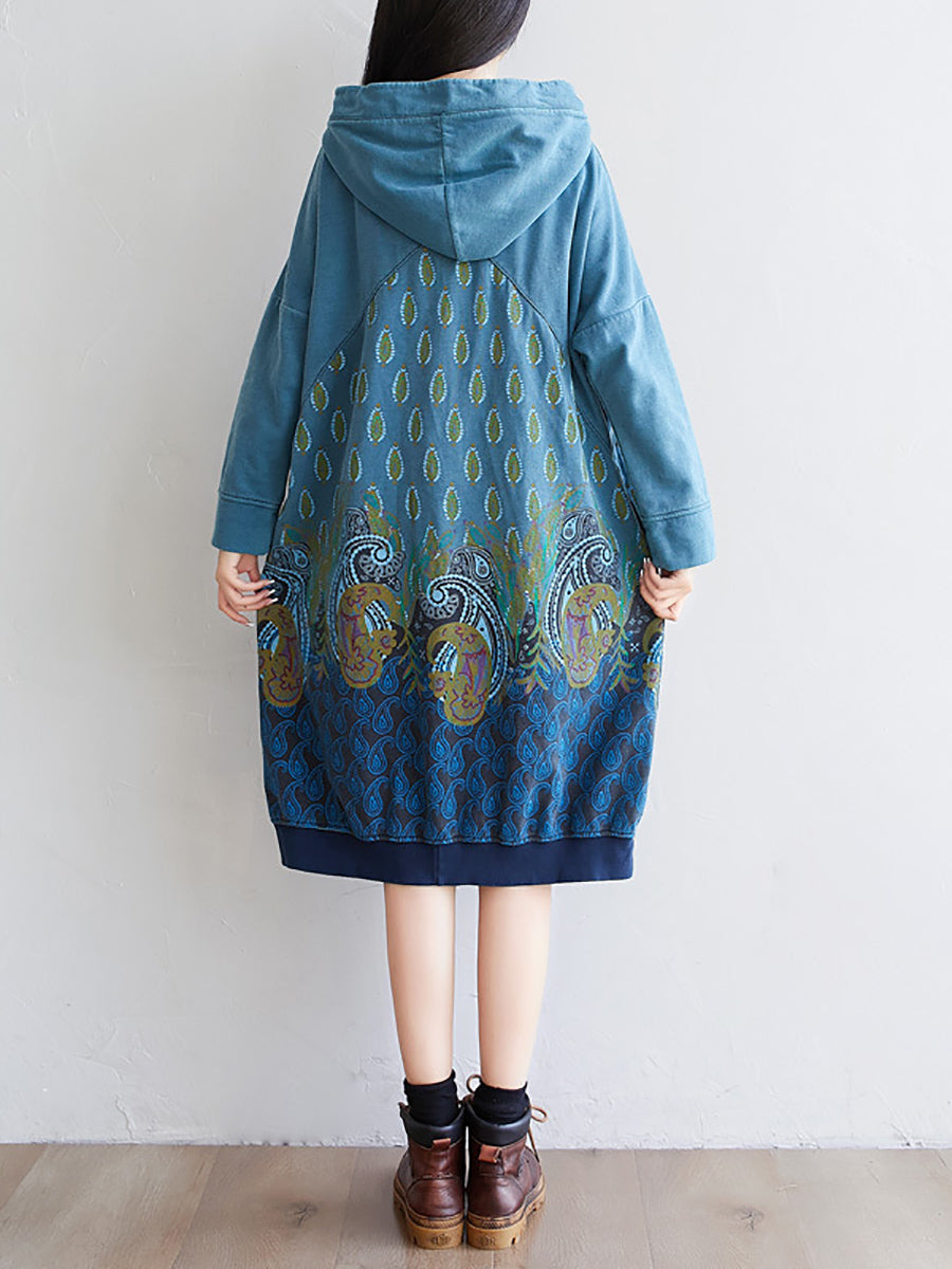 Women Ethnic Autumn Print Hooded Cotton Dress QU023