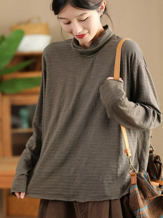 Women Autumn Casual Stripe Turtleneck Cotton Blouse QU029