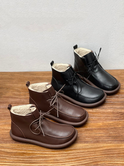 Bottes plates en cuir véritable souple rétro d'hiver pour femmes QU015