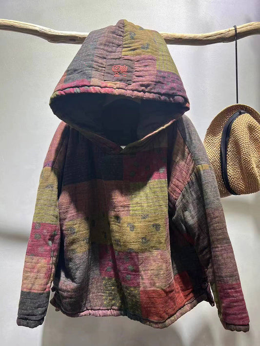 Women Autumn Patchwork Spliced Hooded Cotton Coat QU009