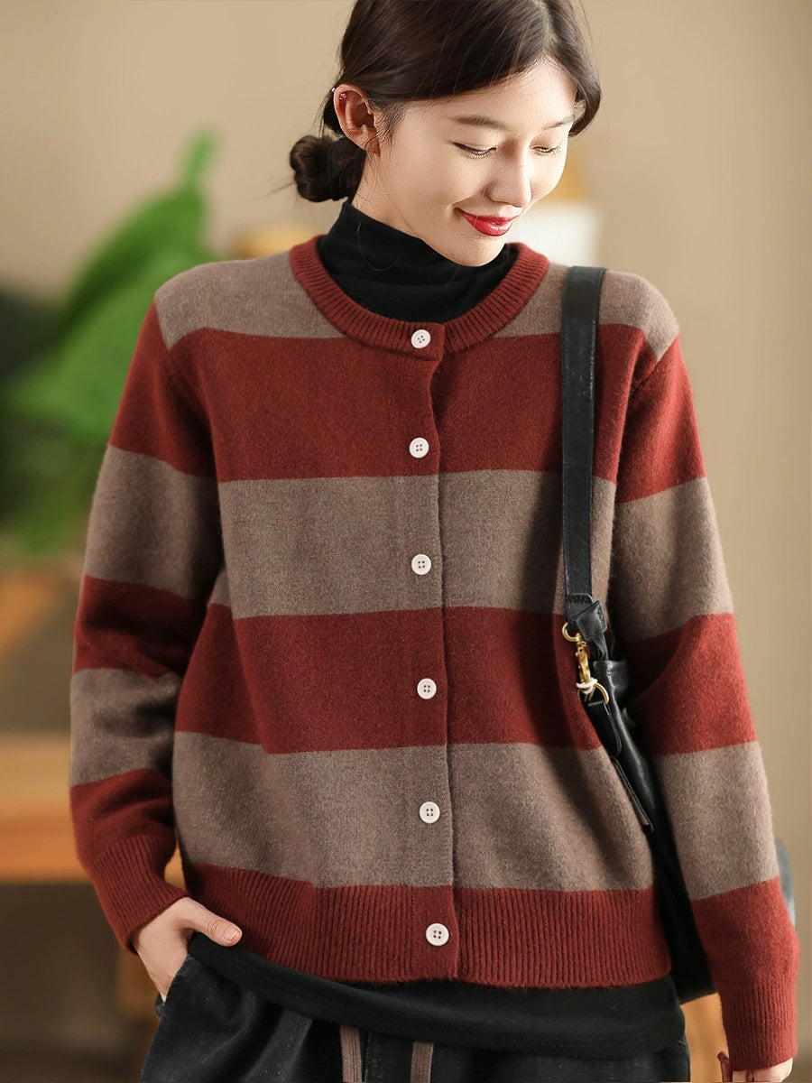 Women Vintage Autumn Stripe O-Neck Knit Sweater QN009