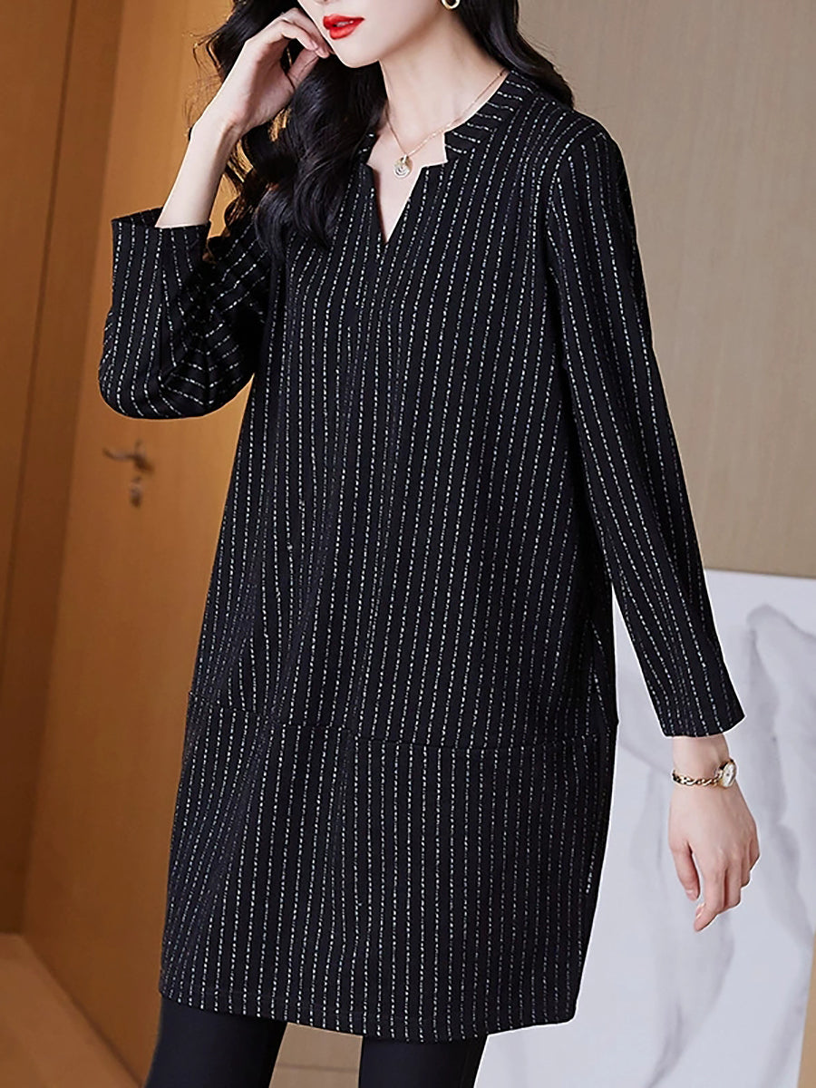 Women Autumn Casual Stripe V-Neck Mini Dress QM032