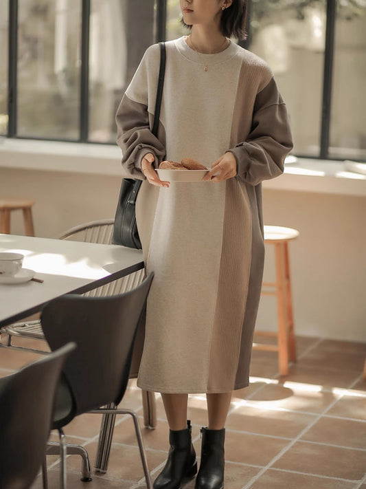 Women Winter Artsy Colorblock Loose Knit Sweater Dress QM016