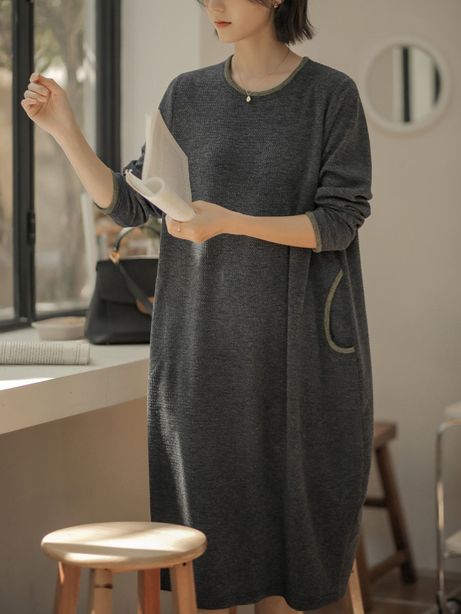 Women Winter Artsy Solid O-Neck Loose Knit Dress QM003