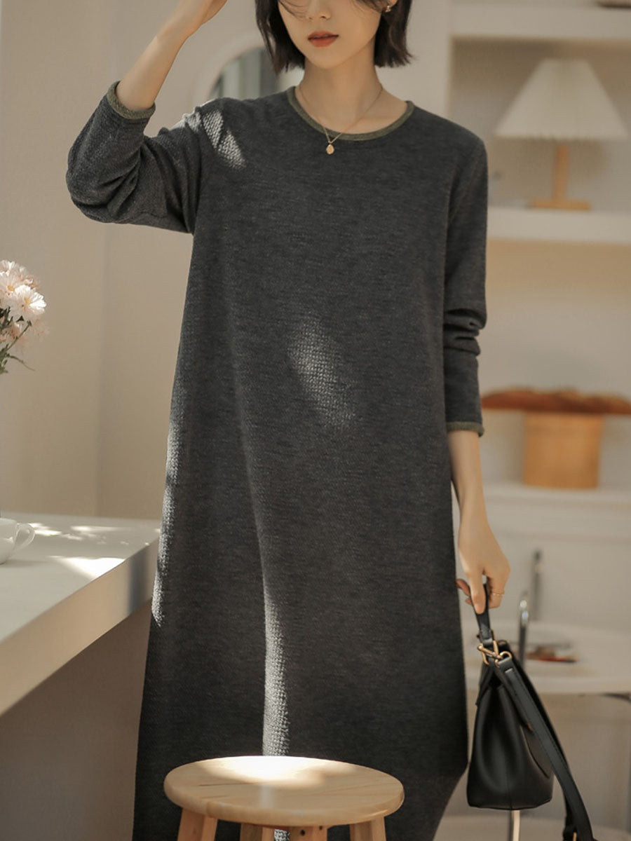 Women Winter Artsy Solid O-Neck Loose Knit Dress QM003