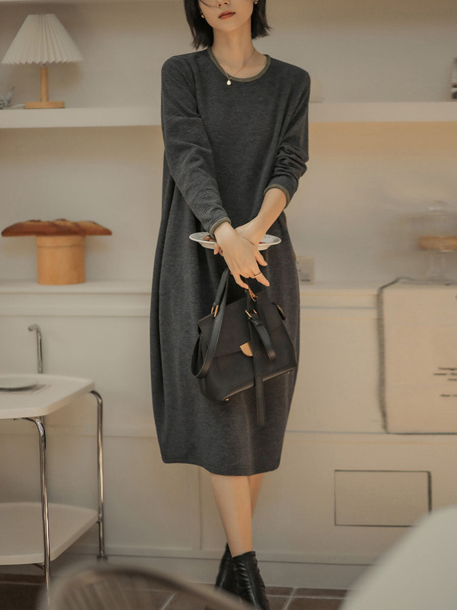 Women Winter Artsy Solid O-Neck Loose Knit Dress QM003